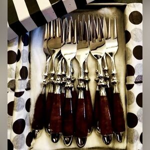 Cocktail Forks 12 Stainless & Faux Wood Henri Bendel Party Elegant Gift NEW!!